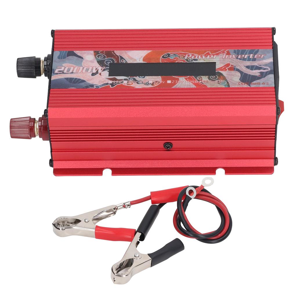 Car Power Inverter DC to AC Fast Heat Dissipation LCD Display 2.0 USB Port Solar Sine Wave Car Power Inverter 2000W Red