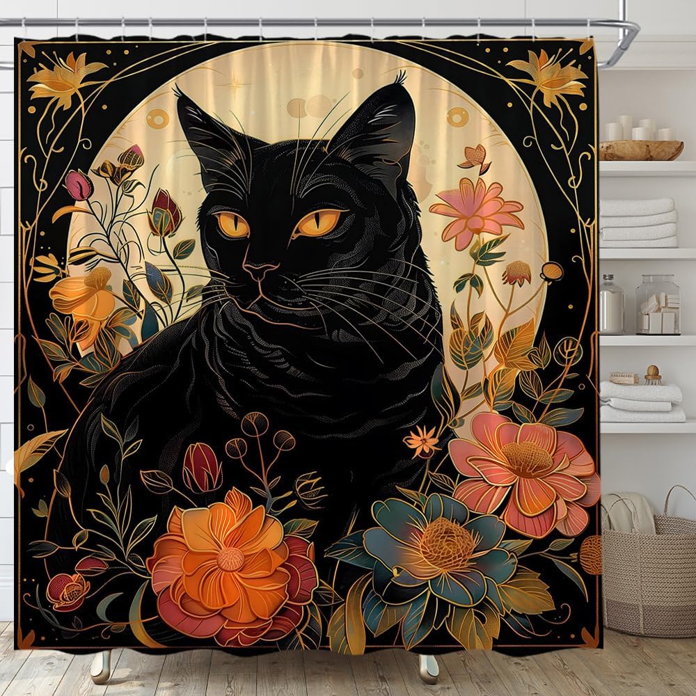 Black Cat Shower Curtain Boho Floral Vintage Flower Retro Aesthetic Mystic Witchy Moon Abstract Bathroom Curtain Set with Hooks