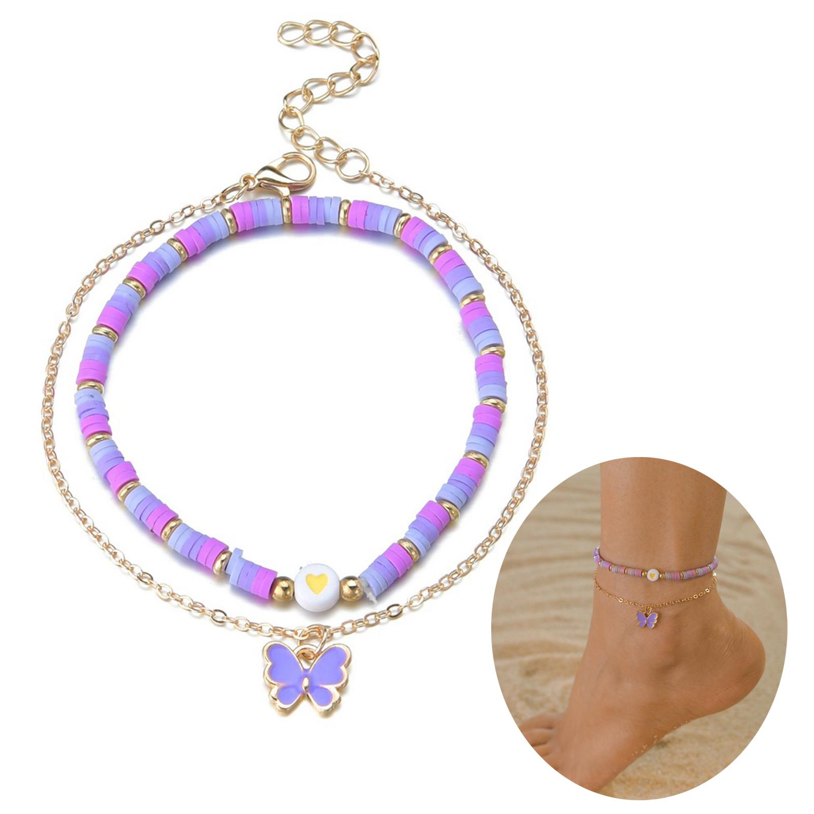 

2pcs Girls Anklets Trendy Purple Bead String Butterfly Foot Chain For Women Summer Beach Leg Decoration Chain Jewelry Accessory фіолетовий
