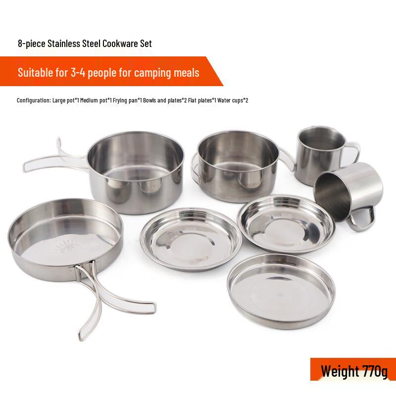 Outdoor Stainless Steel 8-Piece Camping Cookware Set 18x13cm