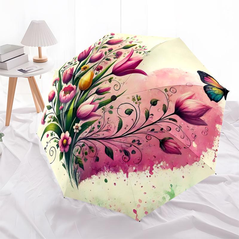 1pc Floral Heart Butterfly Automatic Open/close Umbrella, 8-Rib sturdy structure, Auto Folding/Opening, Portable Travel Umbrella for Women, c30