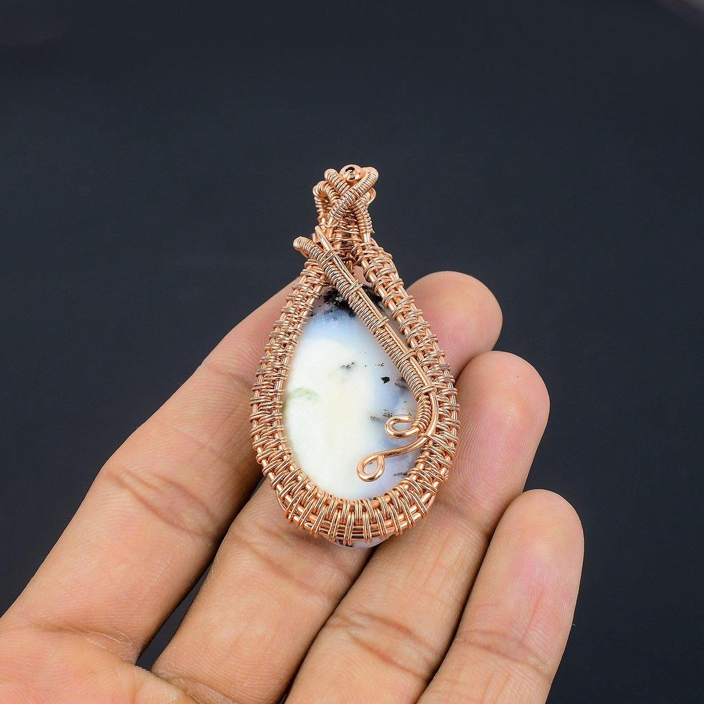 Dendrite Opal 999 Copper Wire Wrapped Pendant, Handmade Gemstone Jewelry Pendant Gift For Birthday