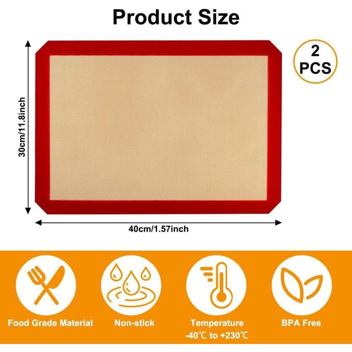 Tapis Cuisson Silicone pour Four - 2 Pièces 30x40 cm Antiadhésif Sans BPA - Pour Pain, Anti‑allergique et anti‑moustiques