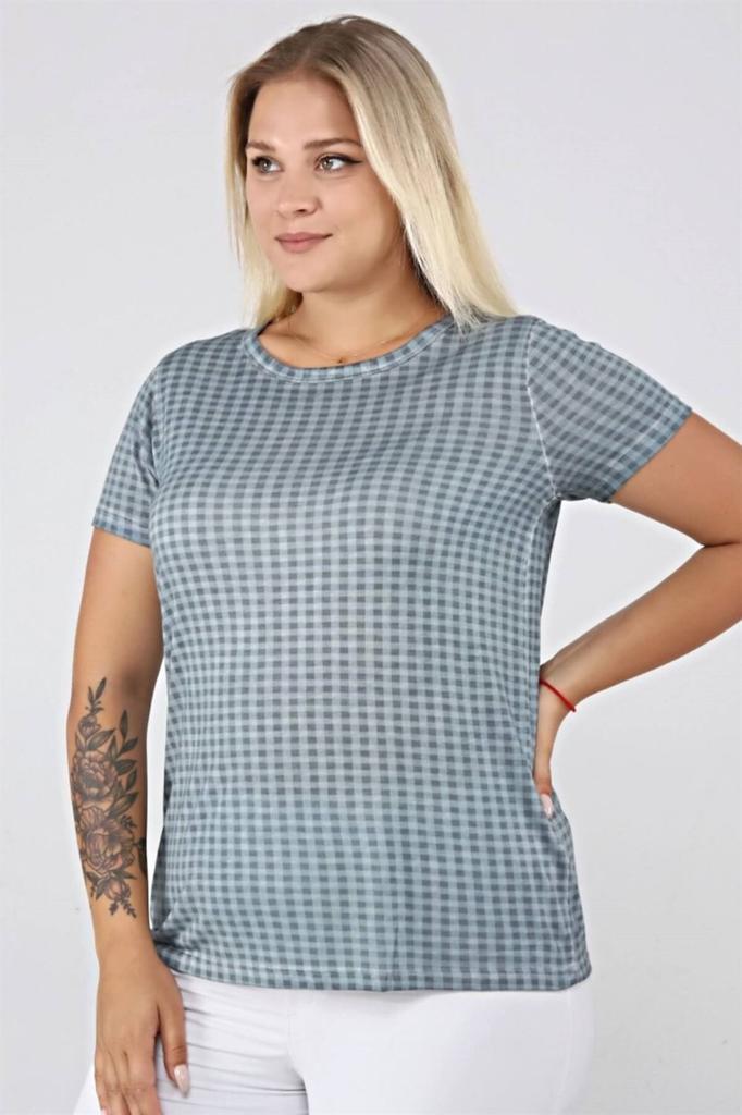 Damen Stil Große Größe T-Shirt Karomuster Ölwaschung Basic T-Shirt-Blau