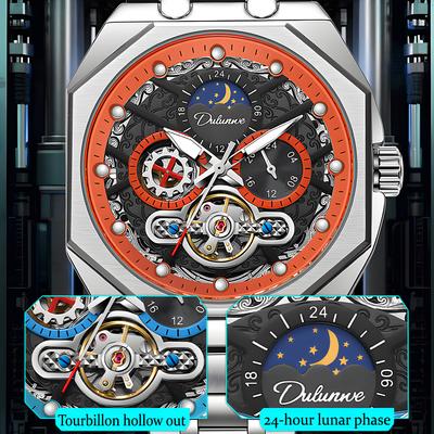 Reloj Mecánico Automático Esqueleto Tourbillon para Hombre Impermeable Luminoso Fase Lunar de 24 Horas Esfera Tallada Exquisito Regalo para Hombre Reloj de Moda
