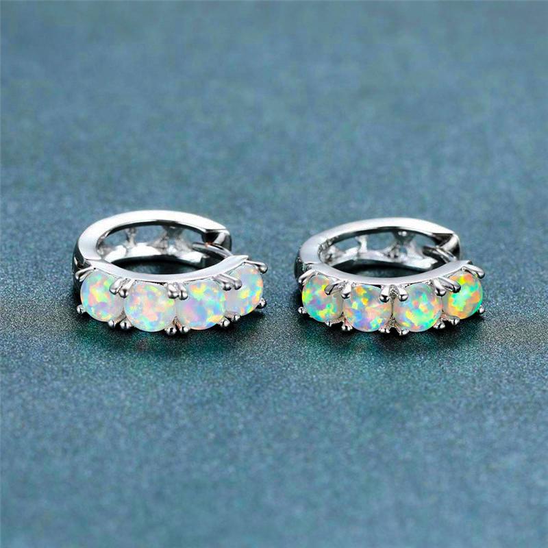 Charm Silver Color Small Hoop Earrings Trendy Bridal Round Stone Wedding Earrings Cute Female Blue White Opal Earrings For Women
