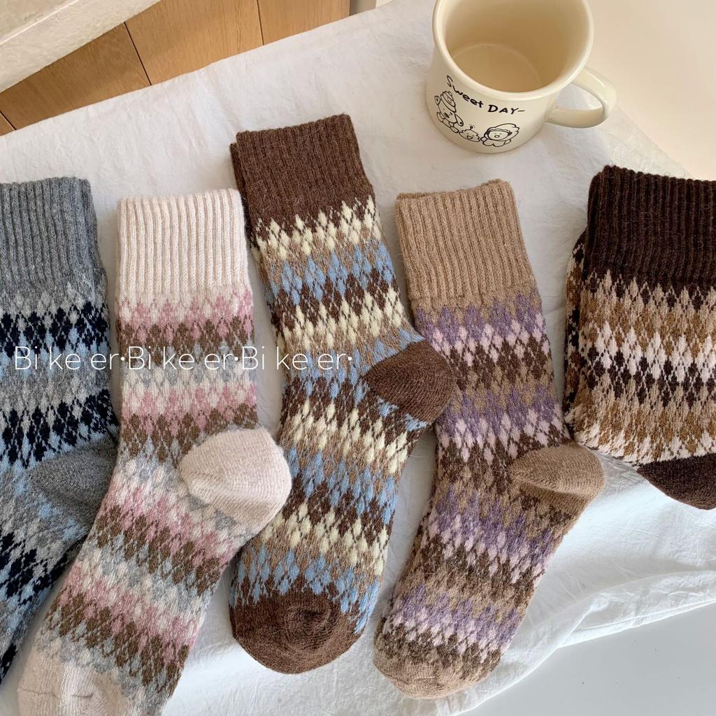 Little Red Book Thickened Warm Wool Socks For Children Piles Up Winter Diamond Lattice Nordic Style Socks