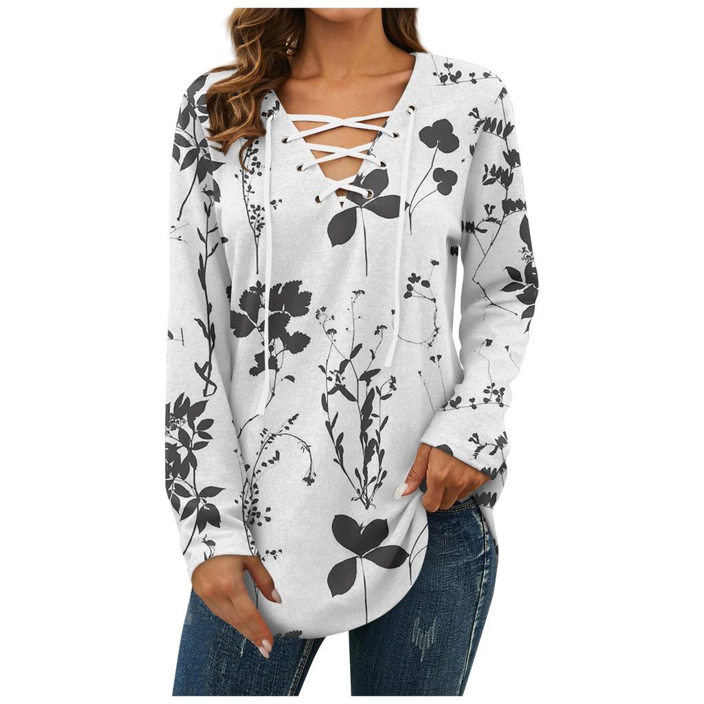 Women's Blouse Fashion Loose Casual Long Sleeved Printed V-Neck T-shirt Top
