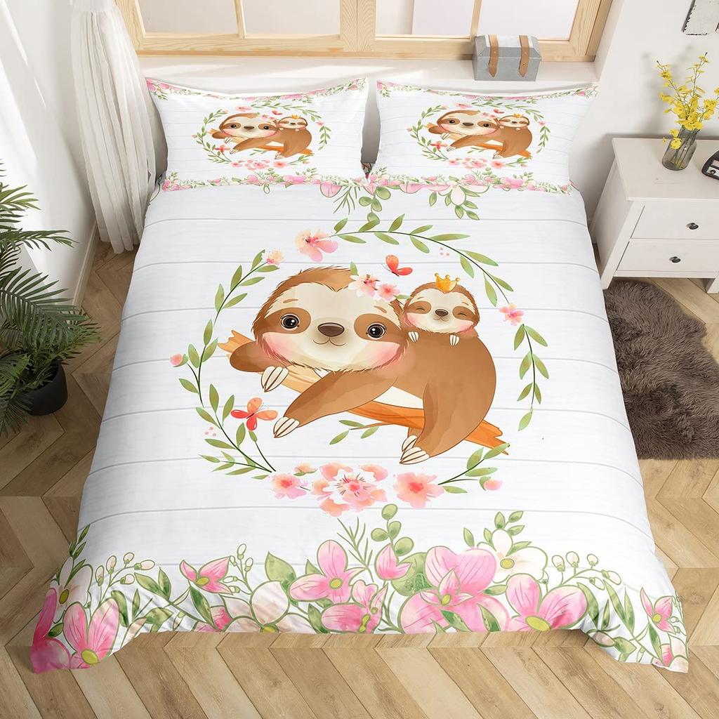 Kids Pink Rose Rabbit King Queen Duvet Cover Cartoon Animal Comforter Cover Rose Moon Floral Bedding Set Polyester Quilt Cover
