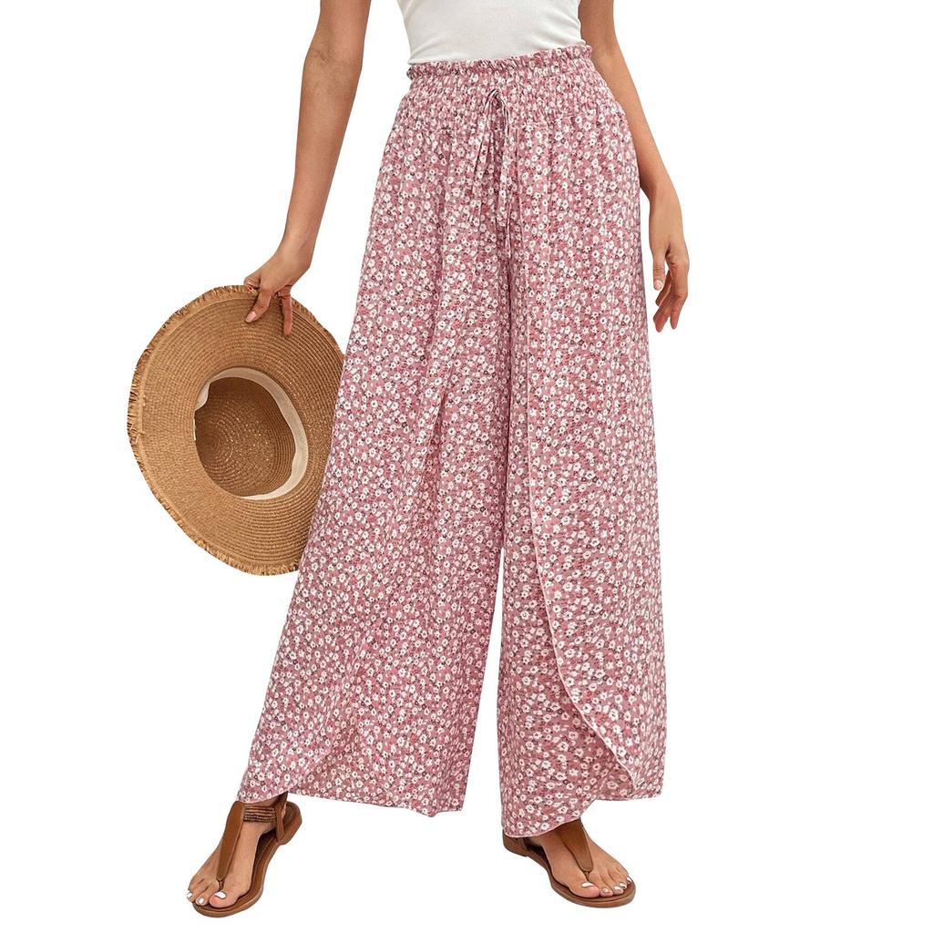 Moda feminina de verão versátil floral com fenda lateral saia larga calça para mulheres