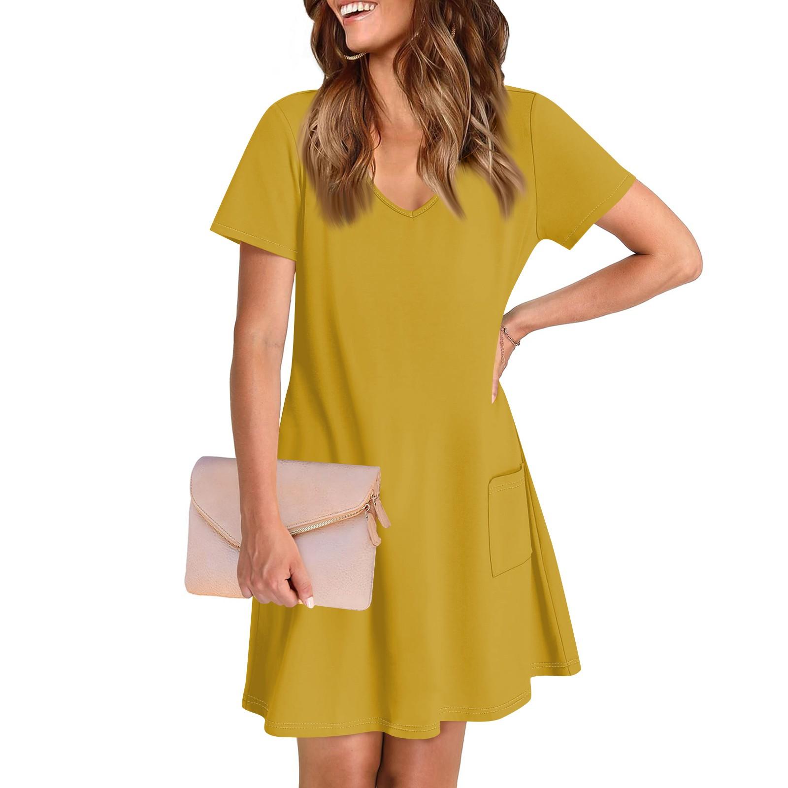 

Женское повседневное и модное платье средней длины с V-образным вырезом и коротким рукавом с принтом XL жёлтый