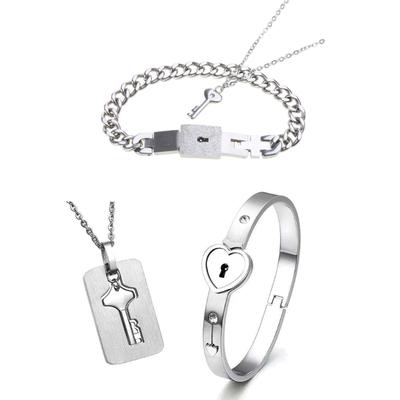 Delicate Silver Heart Lock Bangle Bracelet for Key Pendant Necklace Lover Jewelry Set for Couples Anniversary Day