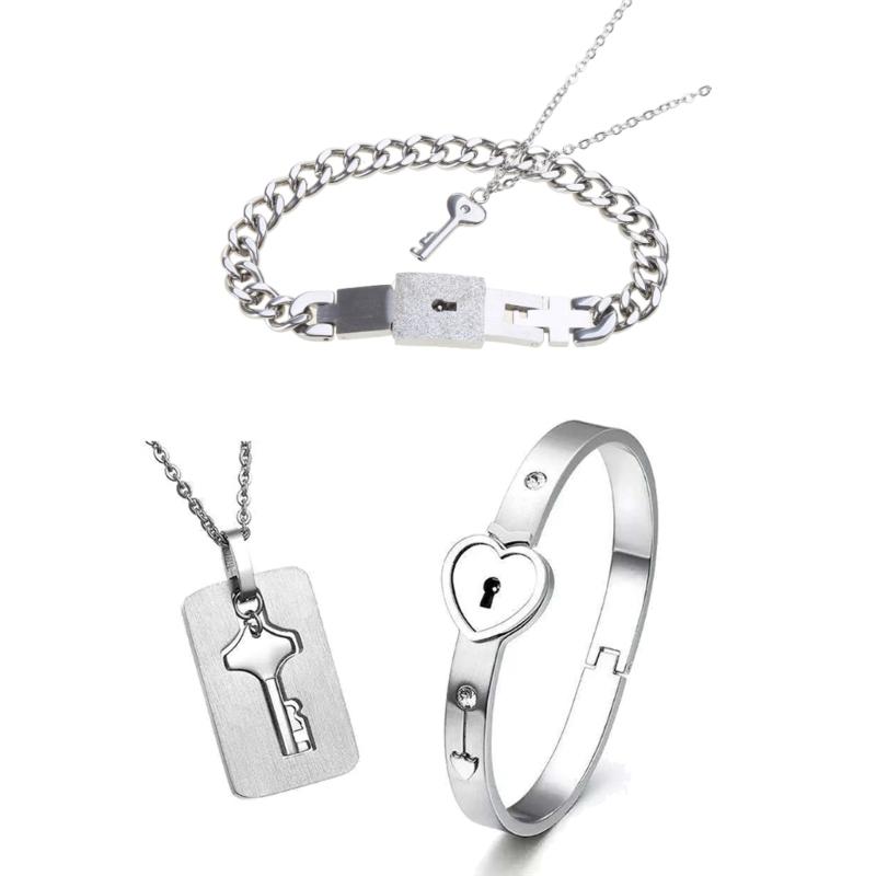 Bracelet jonc Cœur Argenté Délicat pour Pendentif Clé Ensemble Bijoux pour Amoureux pour Jour d'Anniversaire de Couples