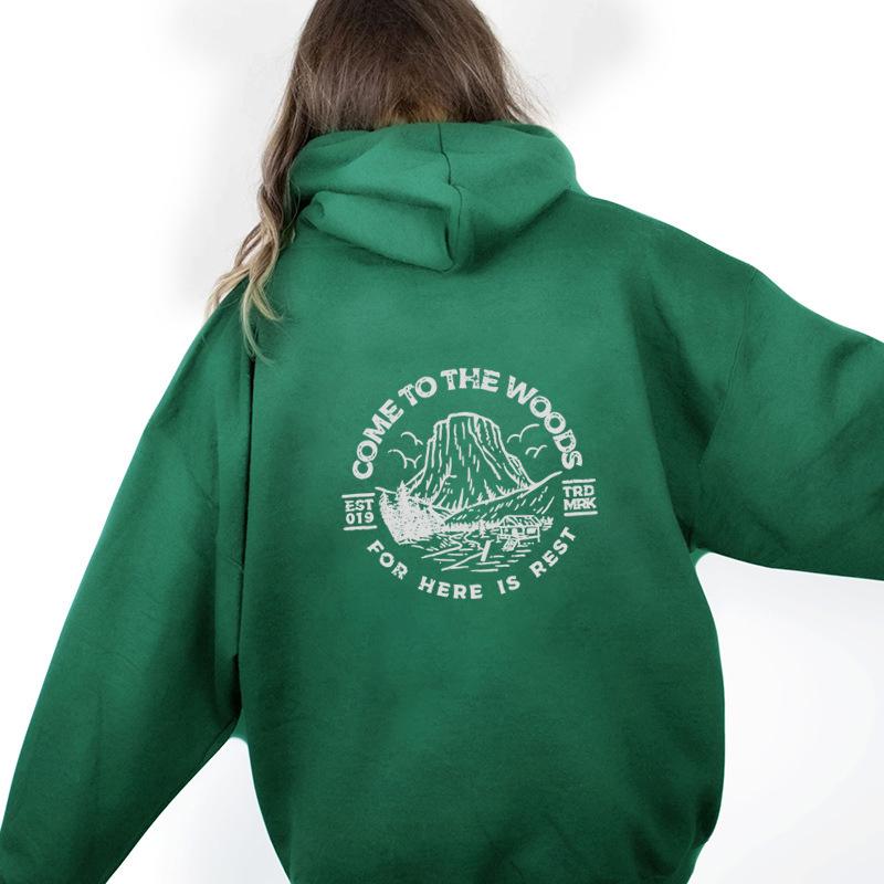 Autumn/Winter Mountain Letter Print Velvet Hoodie with Wrap Collar