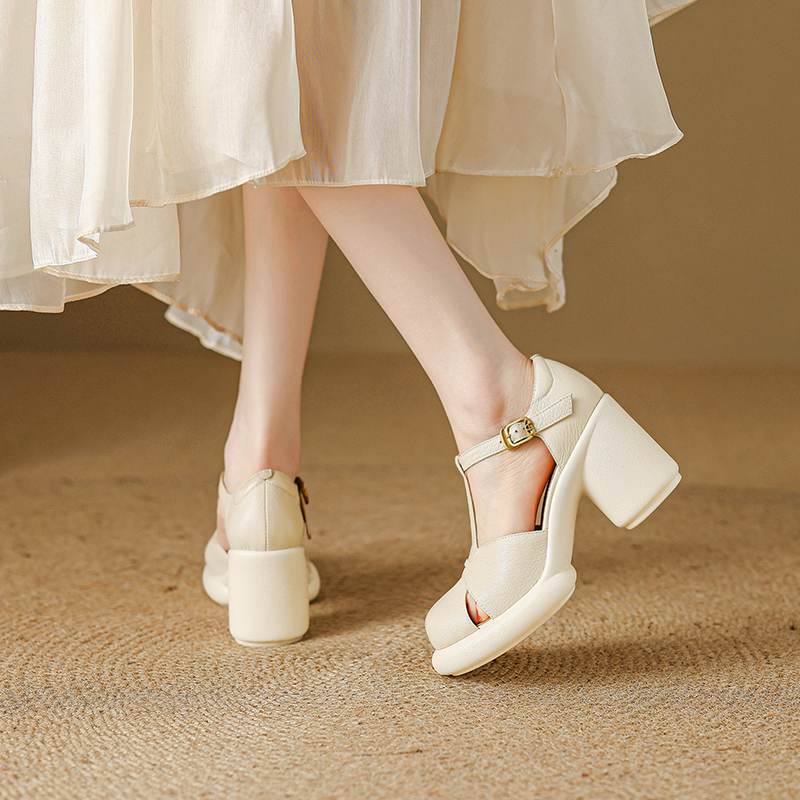 Krazing Pot Sheep Skin Round Toe Size 41 Thick Round High Heels Buckle Straps Hollow Platform Gladiator Autumn Pumps