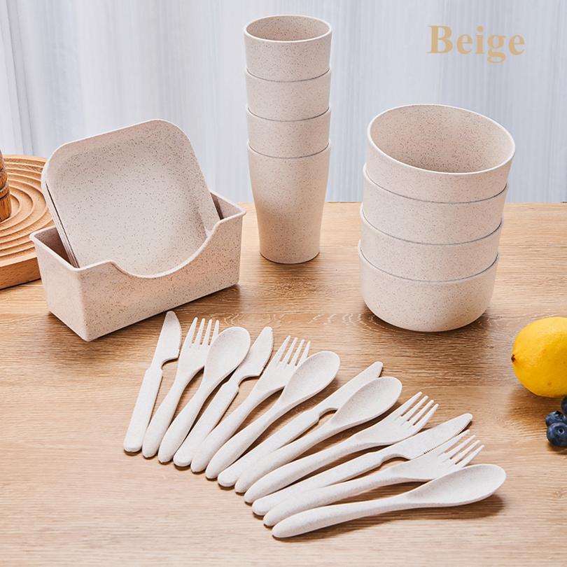 25pcs Portable Travel Plastic Plates and Bowl Sets Wheat Straw Dinnerware Sets, BBQ, Picnic, Camping Essentials Dishes Set