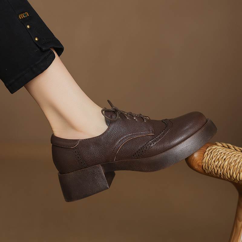 Krazing Pot Sheepskin Autumn Winter Shoes Chunky Heels Size 43 Size 42 Round Toe Lace Up Deep Mouth Pumps