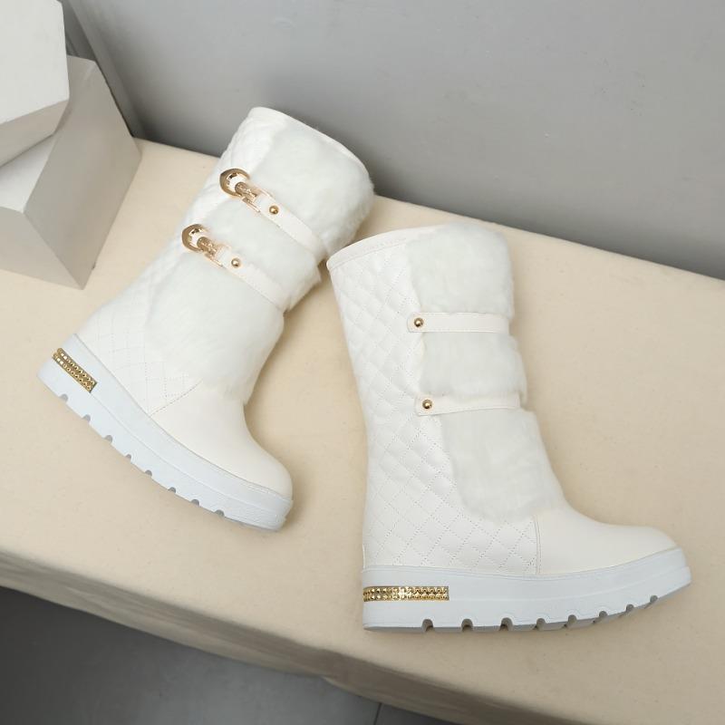Waterproof Winter Shoes Women Platform Snow Boots Warm Fur Plush Casual Wedge Mid-Calf Boots Girls Black White Shoes Ladies33-43