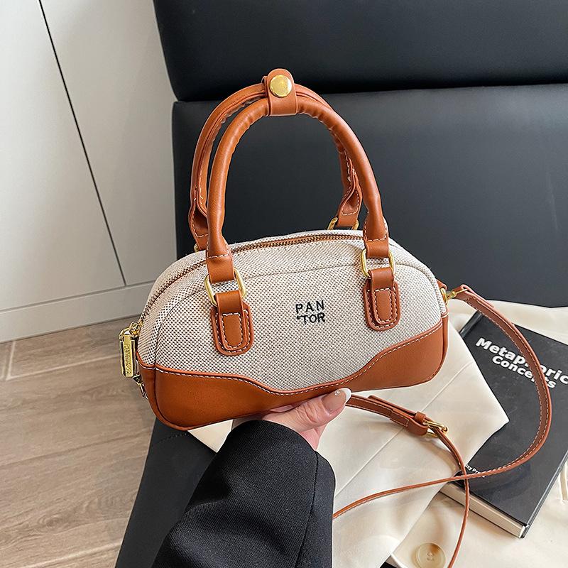 Contrasting Color Retro Small Bowling Bag Niche Design Women's Handbag Simple Commuter Boston Shoulder Pillow Bag