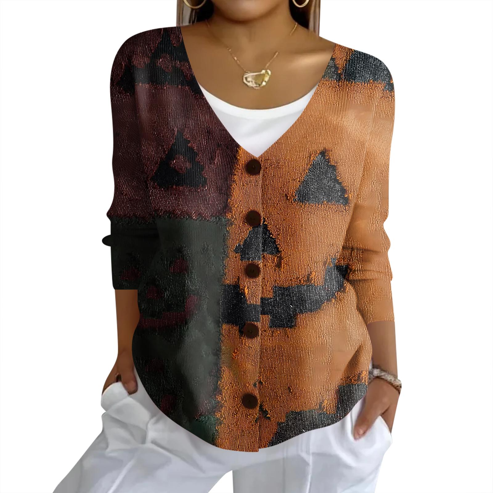 

Женский модный повседневный вязаный свитер на пуговицах, кардиган-жакет с принтом на Хэллоуин L оранжевый