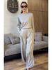 Spring 2026 Women's Solid Color Loose Long Sleeve Top & Wide Leg Pants Suit