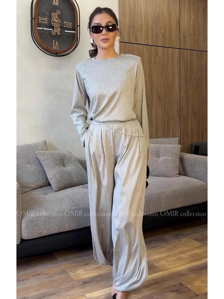 Spring 2026 Women's Solid Color Loose Long Sleeve Top & Wide Leg Pants Suit