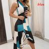 Fashion Ladies Summer Sleeveless Geometric Pattern Irregular Printing Sexy Waist Dress