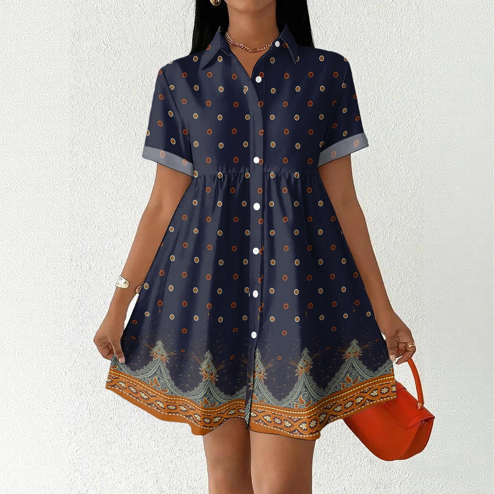 

Women s Casual Loose Fit Shirt Dress Button Front Short Sleeve Collar Dress with Floral Print and Border Pattern Suitable for Daily Wear S тёмно-синий