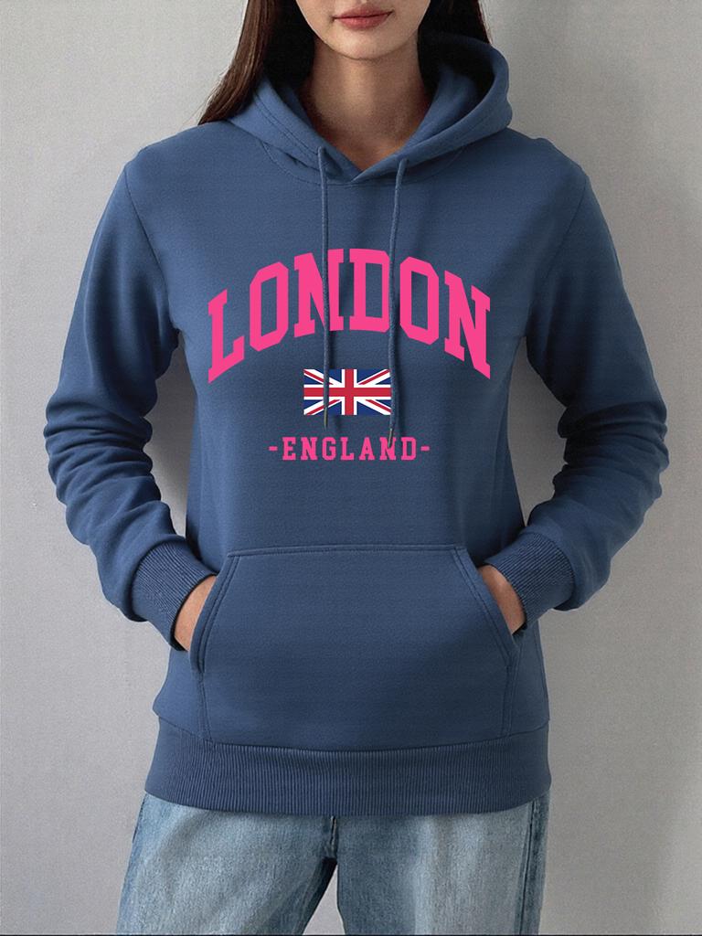 London England Flag Printed Hoodie Womens Winter Fleece Warm Sweatshirts Basics Pocket Pullovers Casual Loose Womans Clothes