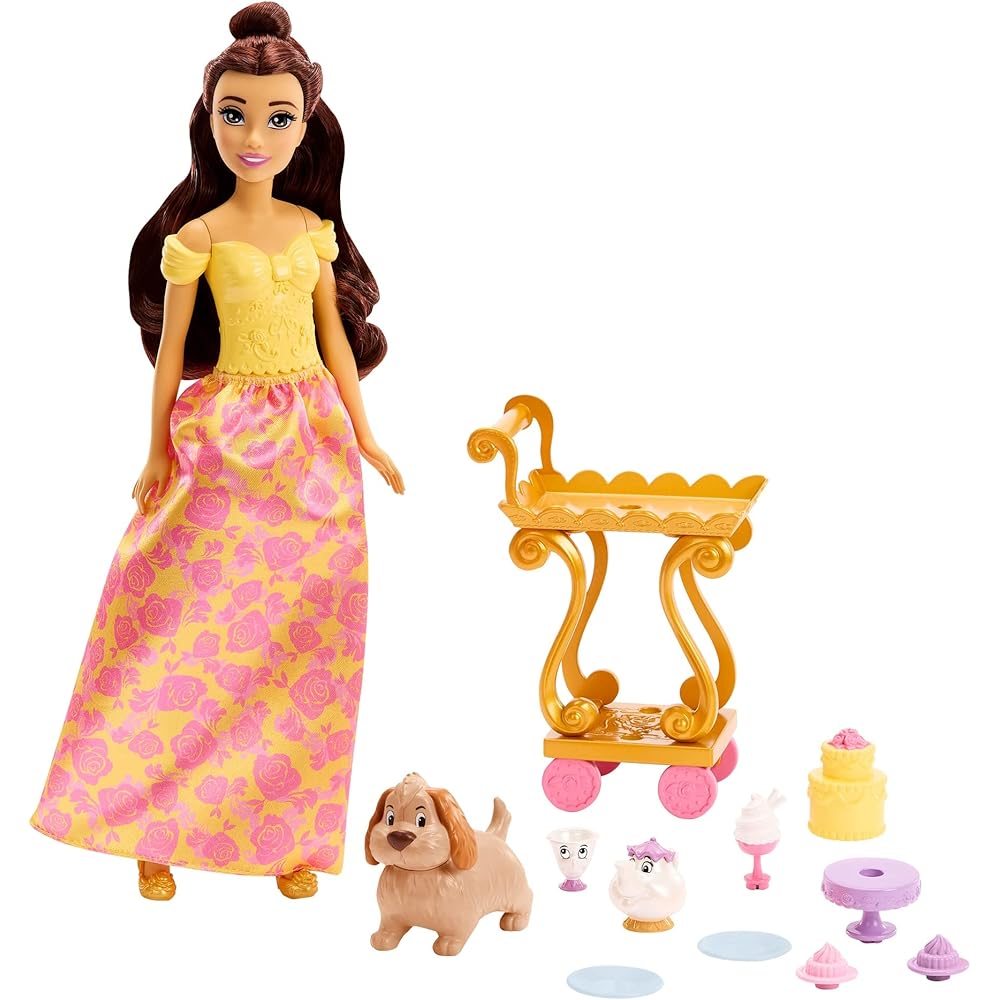 Mattel Disney Princess Belle Tea Time Set with Accessories for Dress-Up Dolls