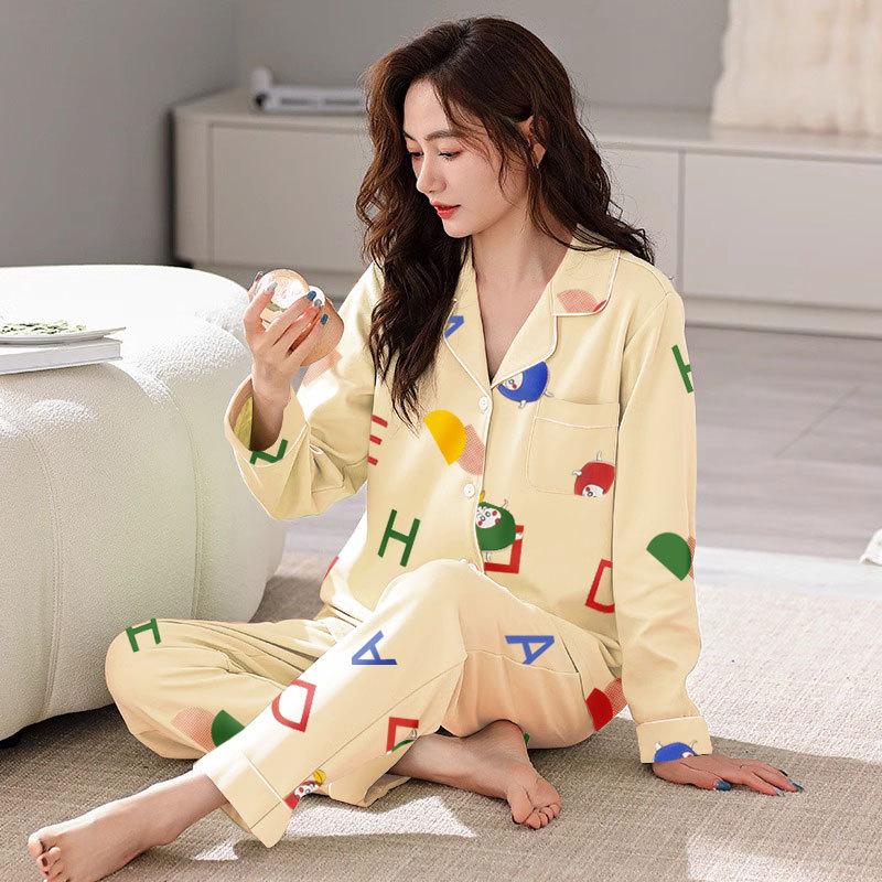 Spring And Autumn Pajamas Women'S Cardigan Long-Sleeved Trousers Korean Girls' Simple Cartoon Loungewear Suit Can Be Worn Outside