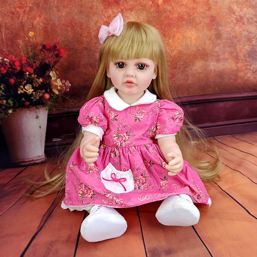 Full body silicone doll 55cm washable  Long haired female doll reborn baby doll  Simulated baby birthday toy Dress up Home Game