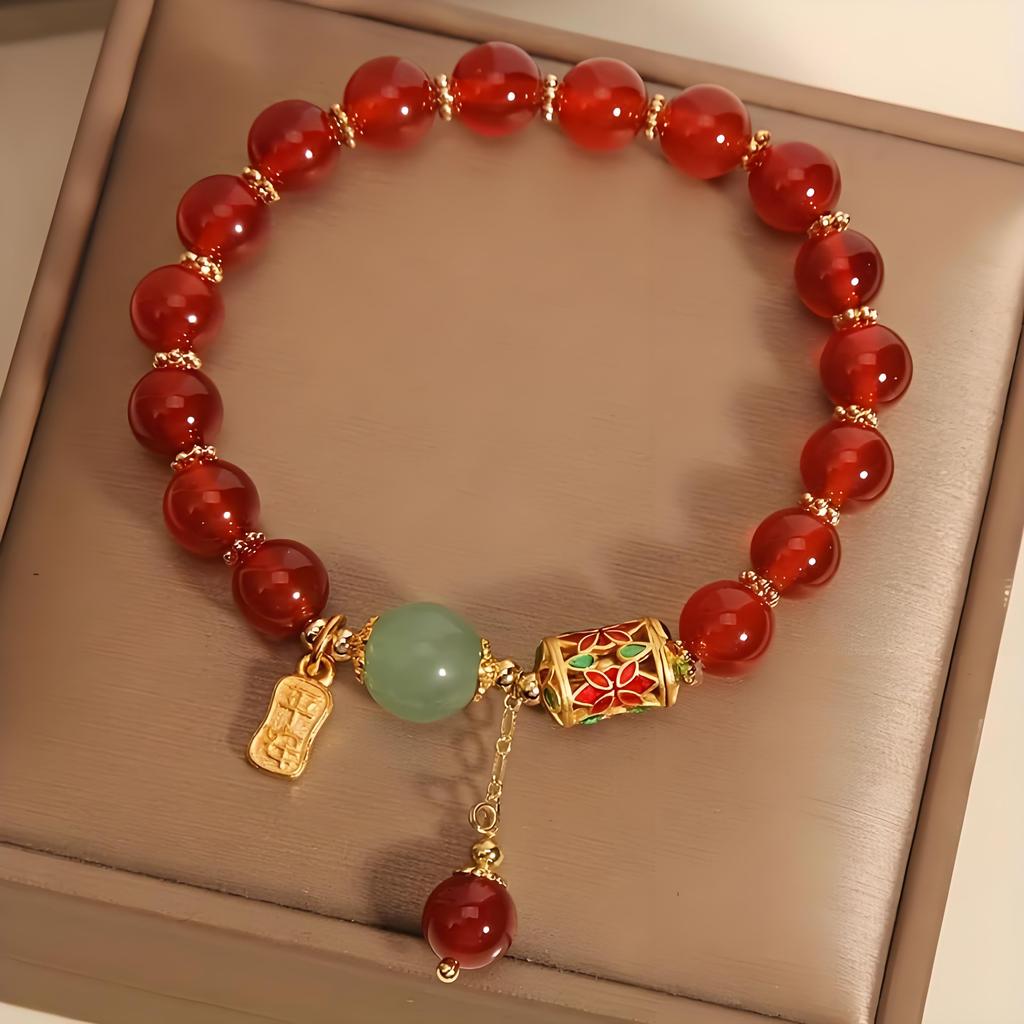 1pc Lucky Bracelet for Women Men, Retro Synthetic Red Agate Bracelet For Family Friend, Niche Red Bead Bracelet