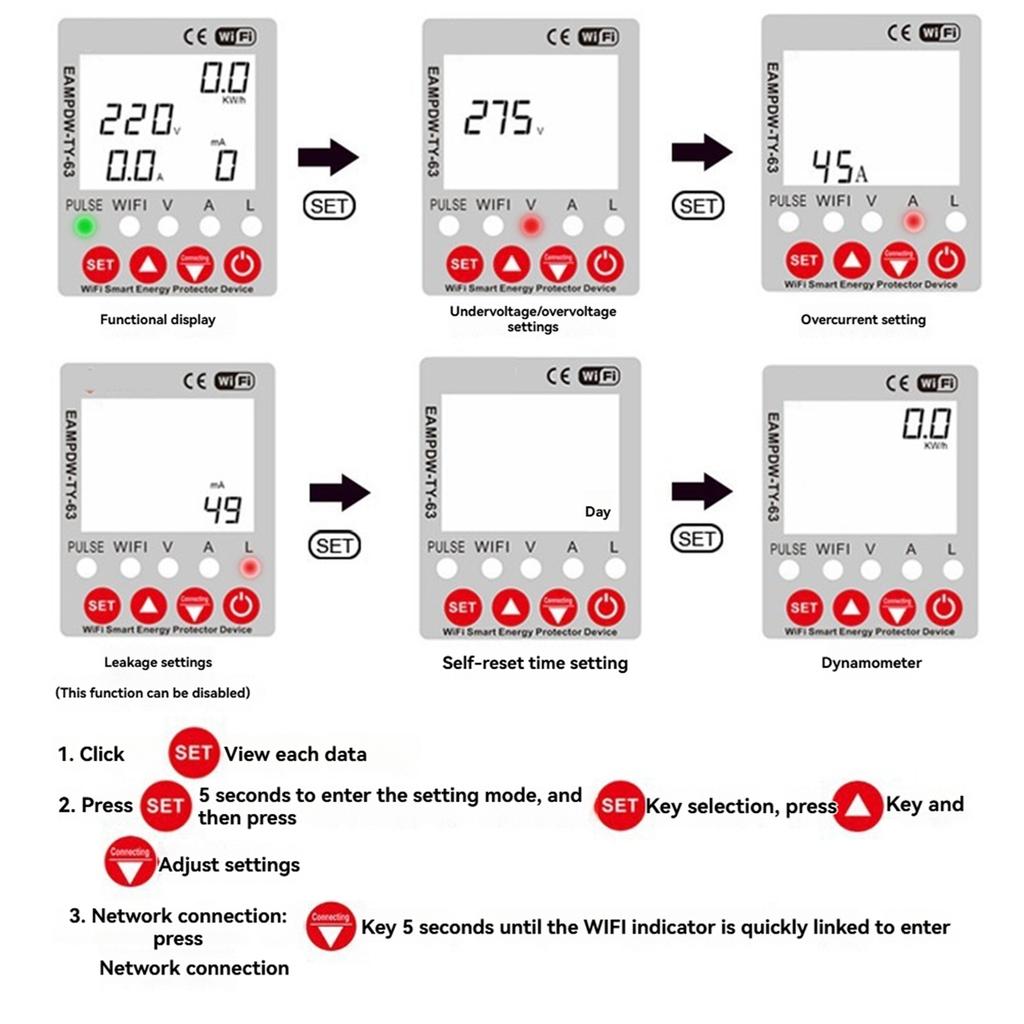 2025 New 2P 63A TUYA WiFi Smart Protector Relay Device Switch Breaker Earth Leakage over Under Voltage Energy Power KWh Meter