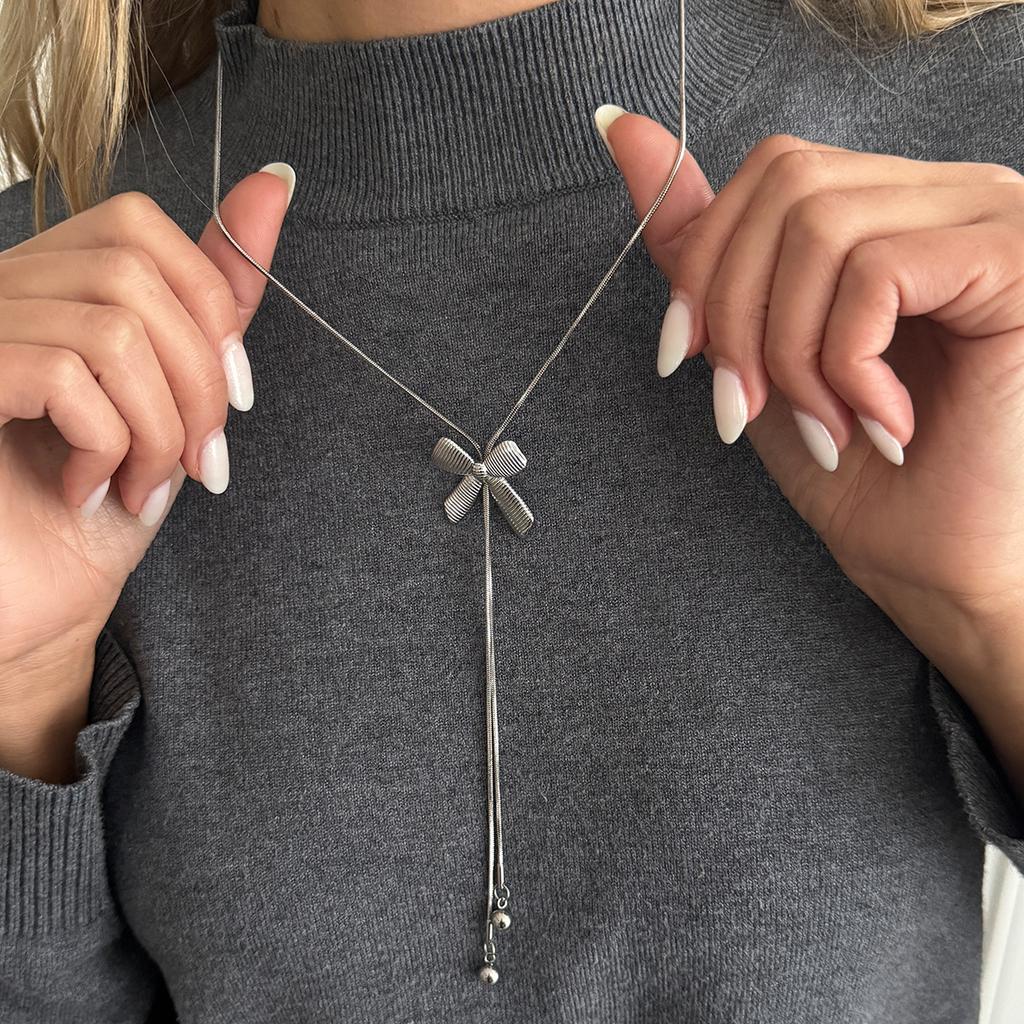 Luxury Ins Bow Plain Chain Necklace, Adjustable Minimalist Thin Snake Bone Chain Sweater Necklace