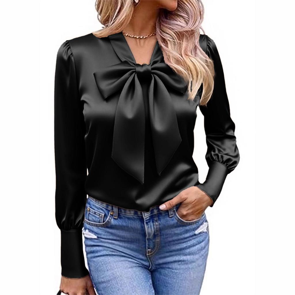 2025 Autumn Bow Satin Long Sleeve Women's Casual Solid Shirt