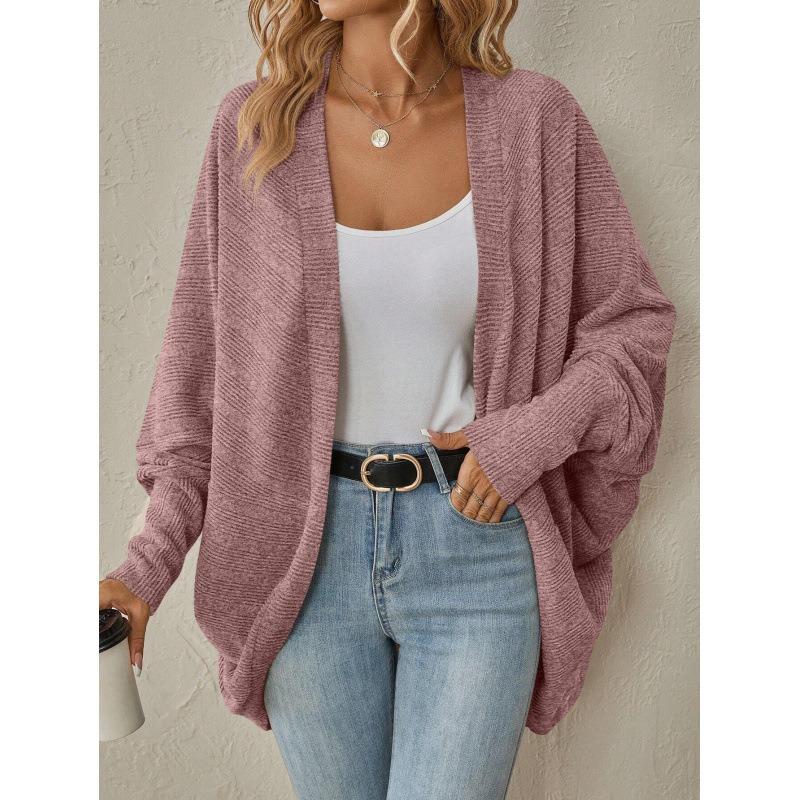 Women Open Front Ribbed Knit Cardigan Solid Blue Loose Batwing Long Sleeve Casual Outerwear Coat