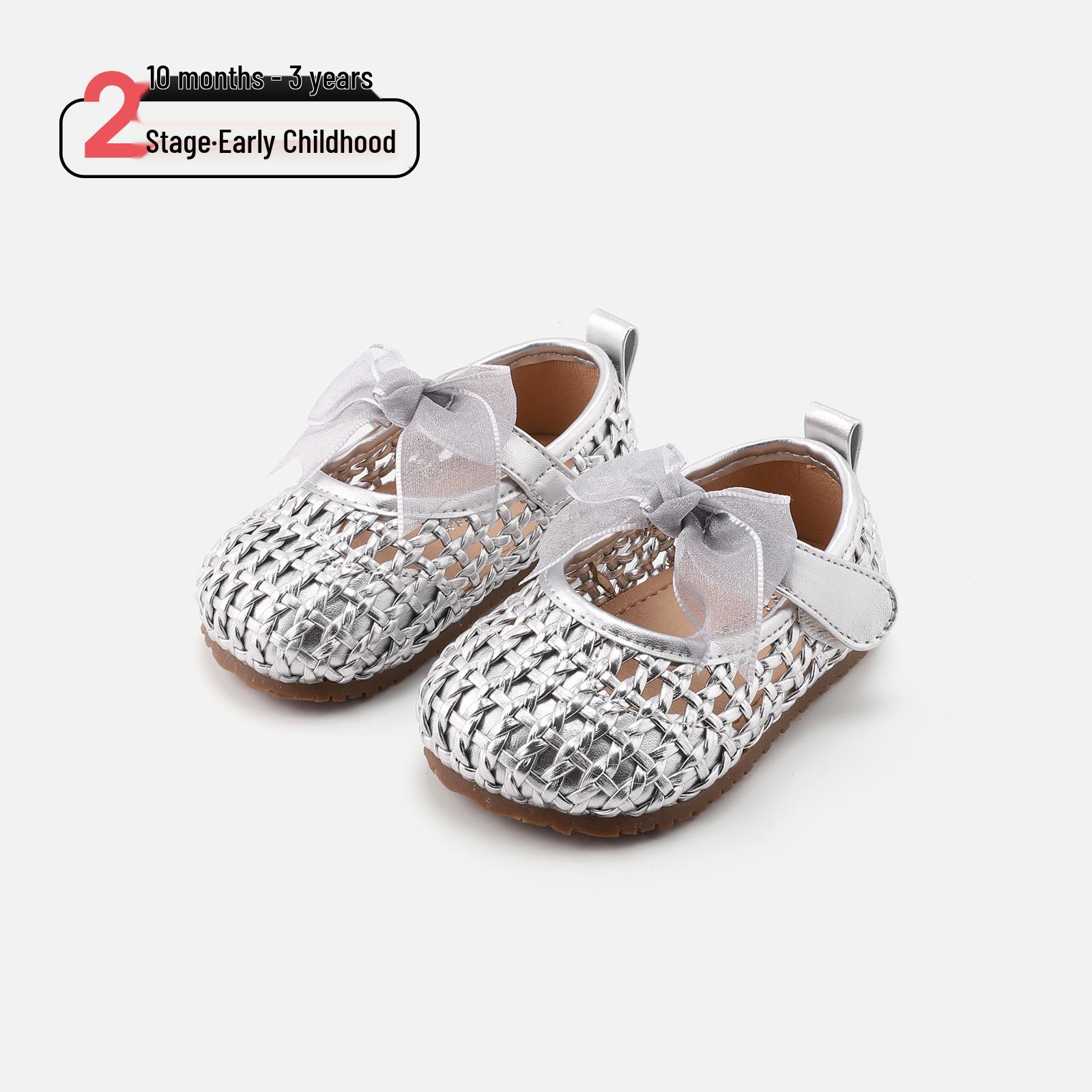 Весенние кружевные туфли-пинетки с бантом, нескользящая мягкая подошва, для девочек, кожаные, в стиле принцессы 14.0cm (Size 19) серебряный