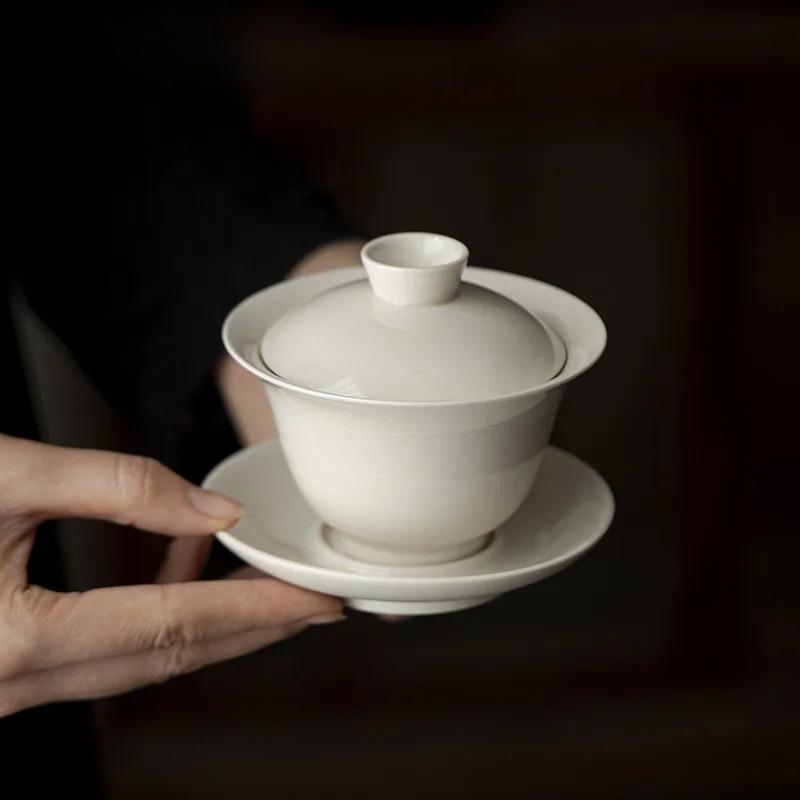 160ML Grass Ash Three Talents Gaiwan Creative Tea Tureen Household Tea Bowl With Lid Kit Tea Brewing Cover Bowl Cha Decoration