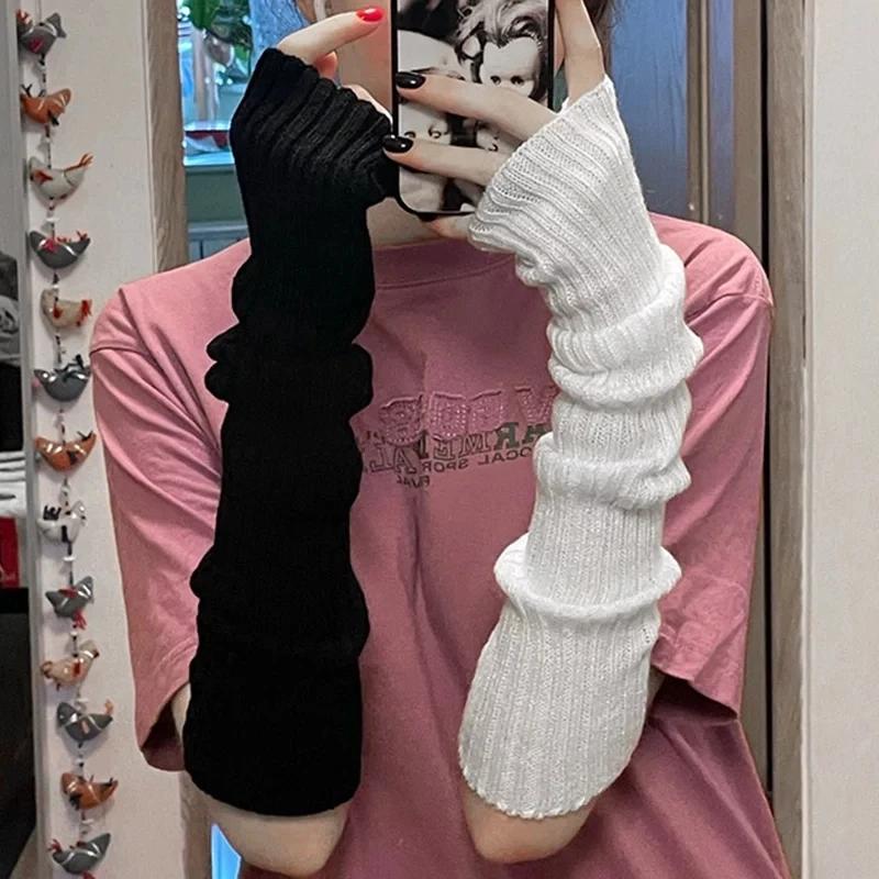 Lolita Fingerless Gloves Arm Warmers Women Autumn and Winter Knitted Kawaii White Black Gloves Anime Cosplay Ankle Wrist Sleeves