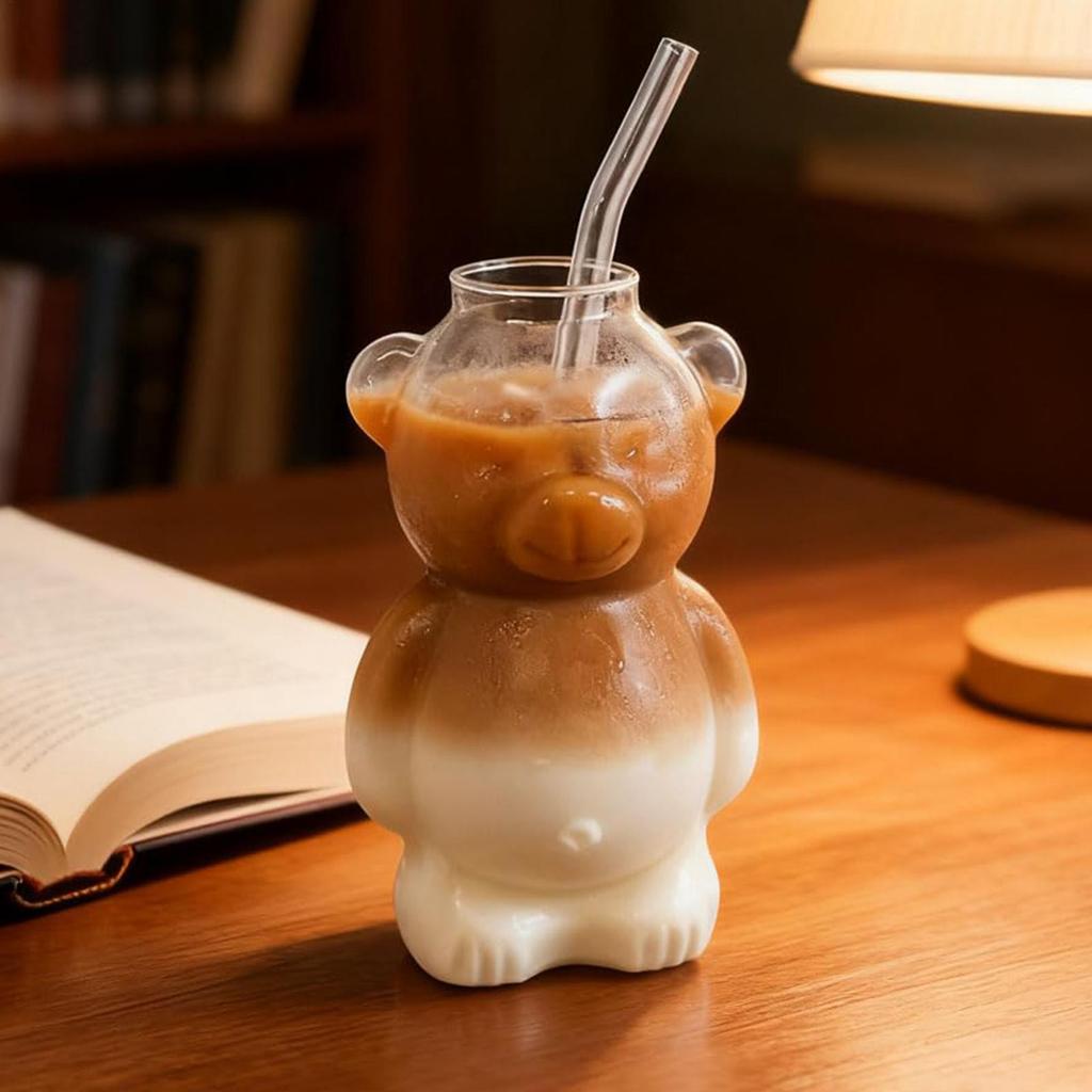 320ml Cute Bear Shaped Coffee Mug Cartoon Bear Glass Cup with Straw Transparent Cup Birthday Drinkware Party Supplies