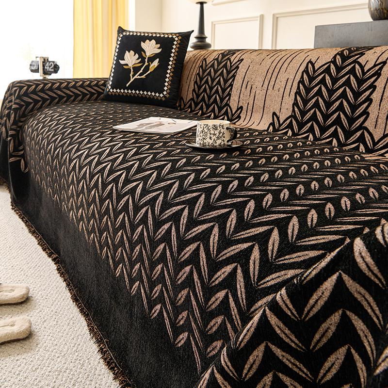 Эстетичный плед для дивана черный шениль цельный с полным покрытием кошачий коготь устойчивый для L-образного и 2/3/4-местного 180x130cm