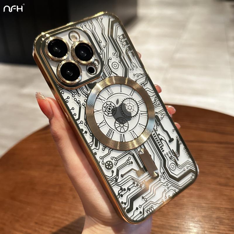 For iPhone 15 Pro Max Luxury Plating Magsafe Magnetic Mechanical Pattern Phone Case For iPhone 11 12 13 14 Plus Protective Cover
