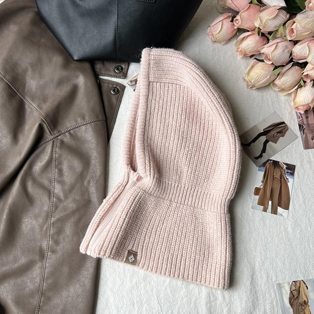 Thickened Wool Knit Hood Hat with Zipper Neck Warmer Pullover Snood Snow Beanie Cap  Winter Outdoor