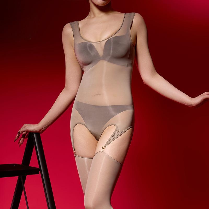 Women Sexy Full Body Shapewear With Garter Oil Shiny Glossy Stockings Open Crotch Silky Slippery Jumpsuit Ultra-Thin Bodysuit