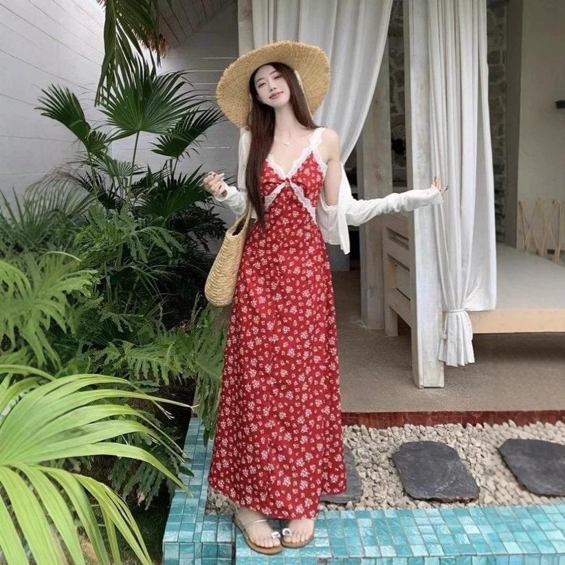 Seaside Vacation Red Floral Suspender Dress Children's Summer New Small Temperament Long Dress Early Spring