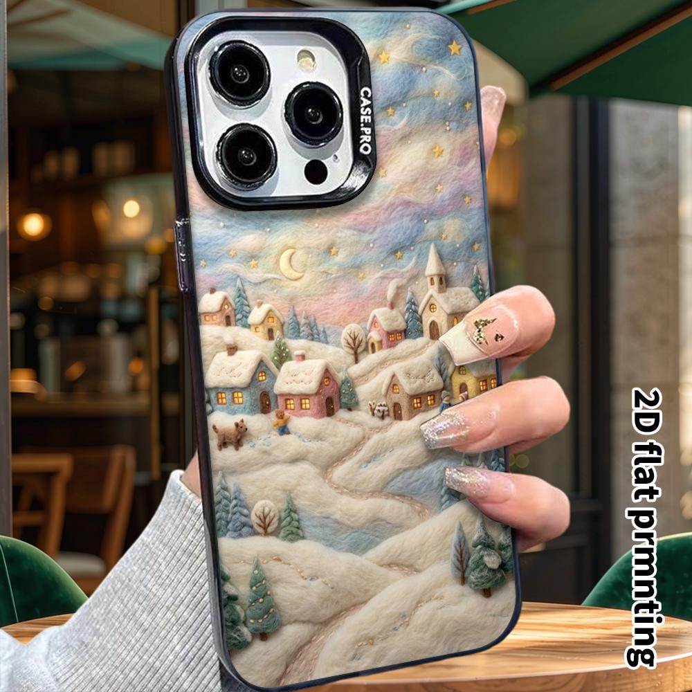 Phone Case: 2D Flat Design Suitable for iPhone 18, 17, 16, 15, 14, 13 Pro, Color Silver Protective Case, Couple Style, Winter Town, Christmas and Hall