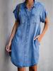 European & American Slimming Lapel Short Sleeve Denim Shirt Dress for Women