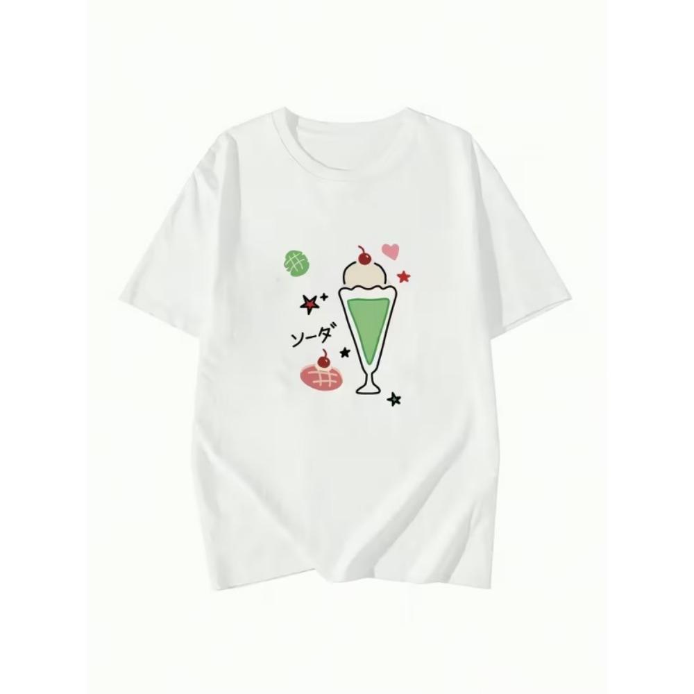 Cute Cream Soda Print T-Shirt Women s Girly Ice Cream Dessert Graphic Casual Oversized Tee for Summer S