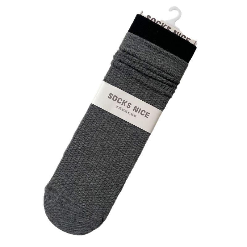 Spring and Autumn Children's Sock Set - Mid-length Double-cuffed Multi-color Plaid Socks, Gray Fake Two-piece Long Socks, Pure Cotton, Bone-free Socks